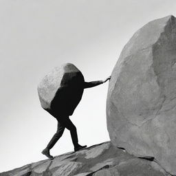 A symbolic depiction of 'Futile Effort'. Illustrate an individual persistently trying to push a boulder up a steep hill, only to have it roll back down, reflecting the persistence in the face of constant setbacks.