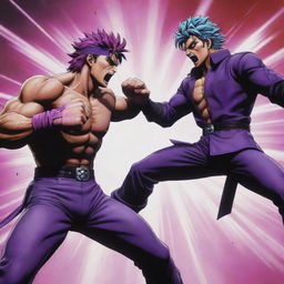 A striking scene of the anime character Joseph Joestar engaged in a fierce battle with the character Yoshikage Kira. Both are exhibiting their iconic power moves in a heated combat scenario.