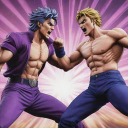 A striking scene of the anime character Joseph Joestar engaged in a fierce battle with the character Yoshikage Kira. Both are exhibiting their iconic power moves in a heated combat scenario.