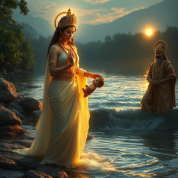 Goddess Ganga, with an expression of sorrow and divine determination, stands by the riverbank in an ethereal, flowing gown glowing with a mystical light