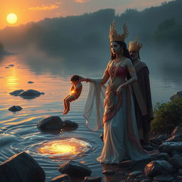 Goddess Ganga, with an expression of sorrow and divine determination, stands by the riverbank in an ethereal, flowing gown glowing with a mystical light