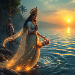 Goddess Ganga, with an expression of sorrow and divine determination, stands by the riverbank in an ethereal, flowing gown glowing with a mystical light