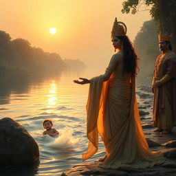 Goddess Ganga, with an expression of sorrow and divine determination, stands by the riverbank in an ethereal, flowing gown glowing with a mystical light