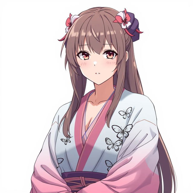 Kanae Kocho from Demon Slayer wearing a butterfly-patterned haori that fades from white to pale aquamarine and then pink at the cuffs and hem, highlighting her chest, ultra-detailed imagery