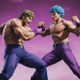 A striking scene of the anime character Joseph Joestar engaged in a fierce battle with the character Yoshikage Kira. Both are exhibiting their iconic power moves in a heated combat scenario.