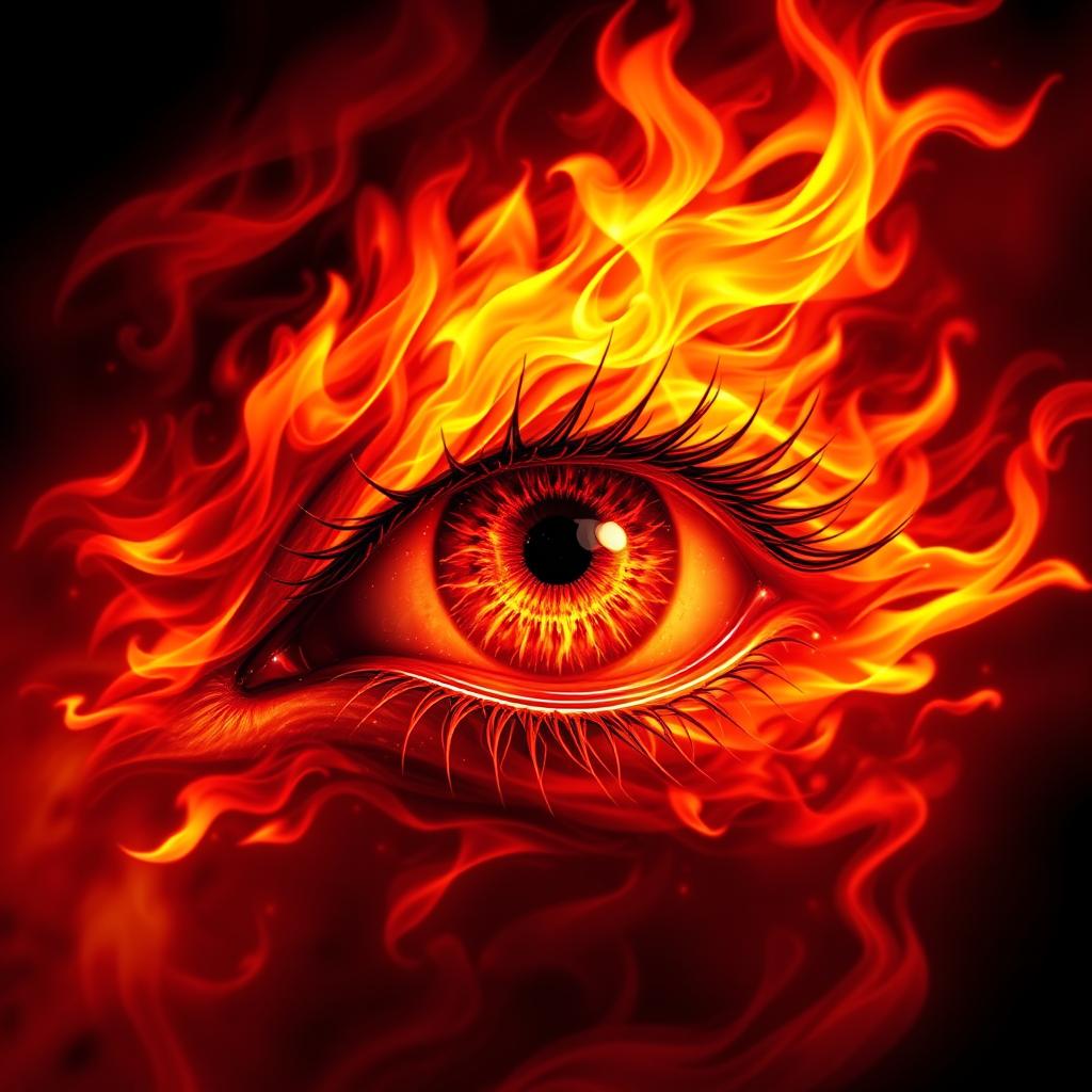 A fiery eye with intense flames, engulfed in vibrant shades of red, orange, and yellow