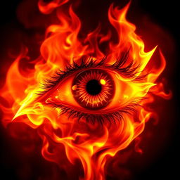 A fiery eye with intense flames, engulfed in vibrant shades of red, orange, and yellow