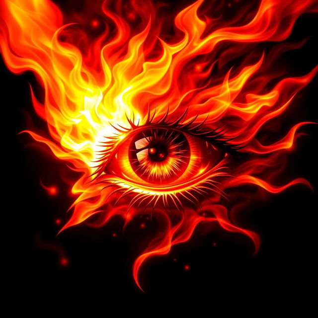 A fiery eye with intense flames, engulfed in vibrant shades of red, orange, and yellow