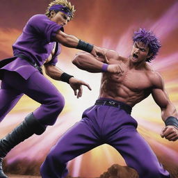 A striking scene of the anime character Joseph Joestar engaged in a fierce battle with the character Yoshikage Kira. Both are exhibiting their iconic power moves in a heated combat scenario.