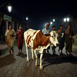 A group of eight individuals stealthily leading a cow named Nandini through an Indian village setting at night