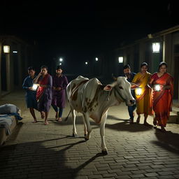 A group of eight individuals stealthily leading a cow named Nandini through an Indian village setting at night