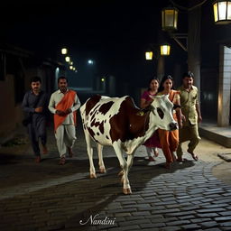 A group of eight individuals stealthily leading a cow named Nandini through an Indian village setting at night