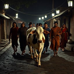 A group of eight individuals stealthily leading a cow named Nandini through an Indian village setting at night