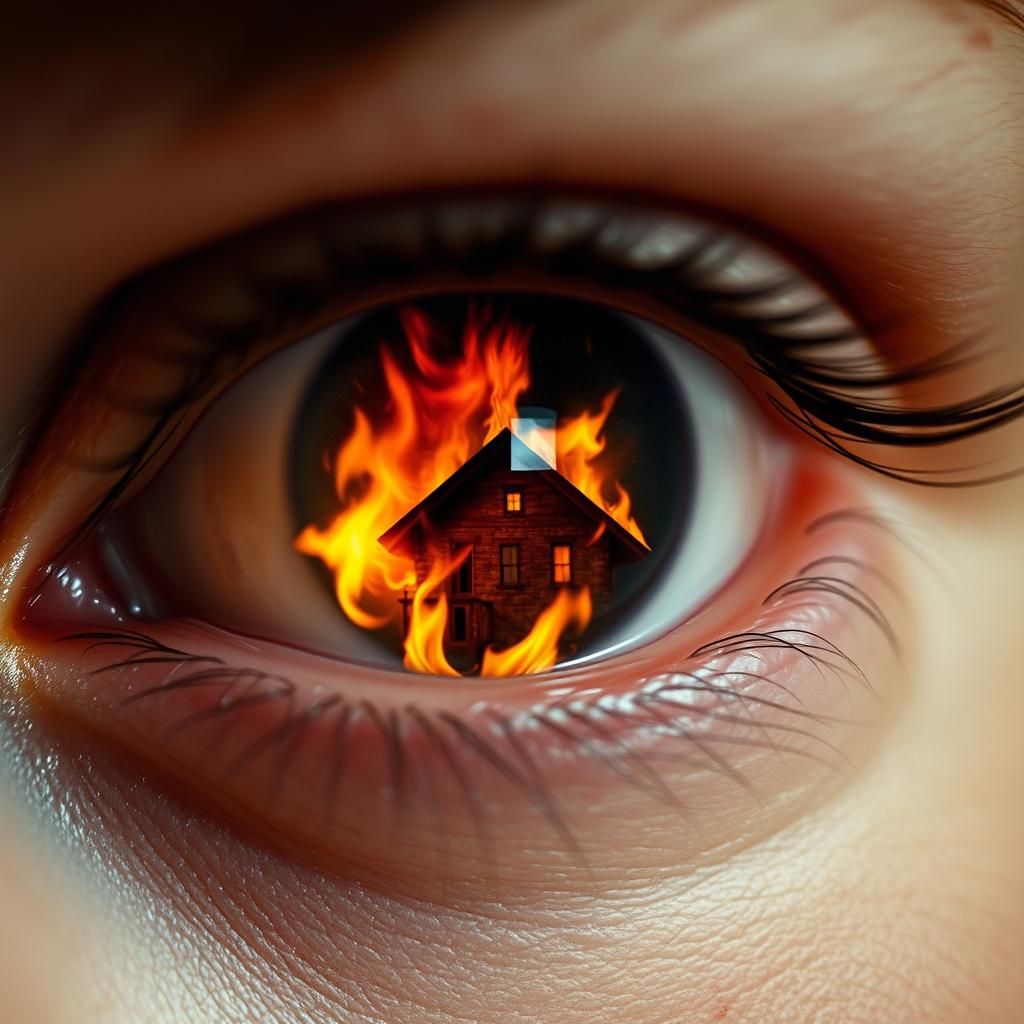 A close-up of a human eye reflecting a dramatic house fire