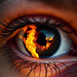 A close-up of a human eye reflecting a dramatic house fire