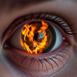 A close-up of a human eye reflecting a dramatic house fire