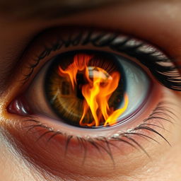 A close-up of a human eye reflecting a dramatic house fire