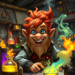 In a fantastical Dungeons & Dragons setting, a ruddy tan, red-haired male rock gnome artificer with captivating sapphire eyes is smiling cheerfully amidst a chaotic alchemical explosion in his laboratory