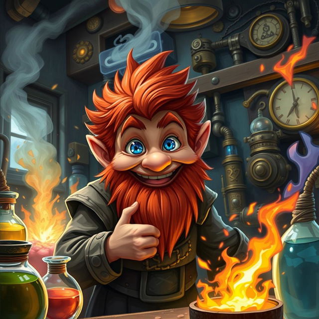 In a fantastical Dungeons & Dragons setting, a ruddy tan, red-haired male rock gnome artificer with captivating sapphire eyes is smiling cheerfully amidst a chaotic alchemical explosion in his laboratory