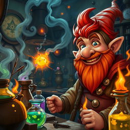 In a fantastical Dungeons & Dragons setting, a ruddy tan, red-haired male rock gnome artificer with captivating sapphire eyes is smiling cheerfully amidst a chaotic alchemical explosion in his laboratory