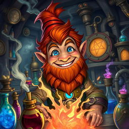 In a fantastical Dungeons & Dragons setting, a ruddy tan, red-haired male rock gnome artificer with captivating sapphire eyes is smiling cheerfully amidst a chaotic alchemical explosion in his laboratory