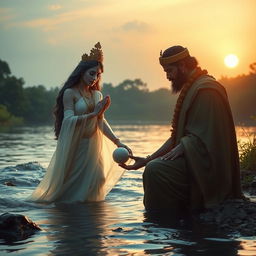 Goddess Ganga, with a sorrowful yet resolute expression, gently releases her baby into the flowing river as part of an ancient, divine ritual