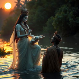 Goddess Ganga, with a sorrowful yet resolute expression, gently releases her baby into the flowing river as part of an ancient, divine ritual