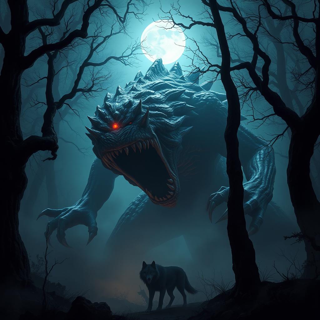 A terrifying, gigantic monster emerging from the dense fog in a dark forest