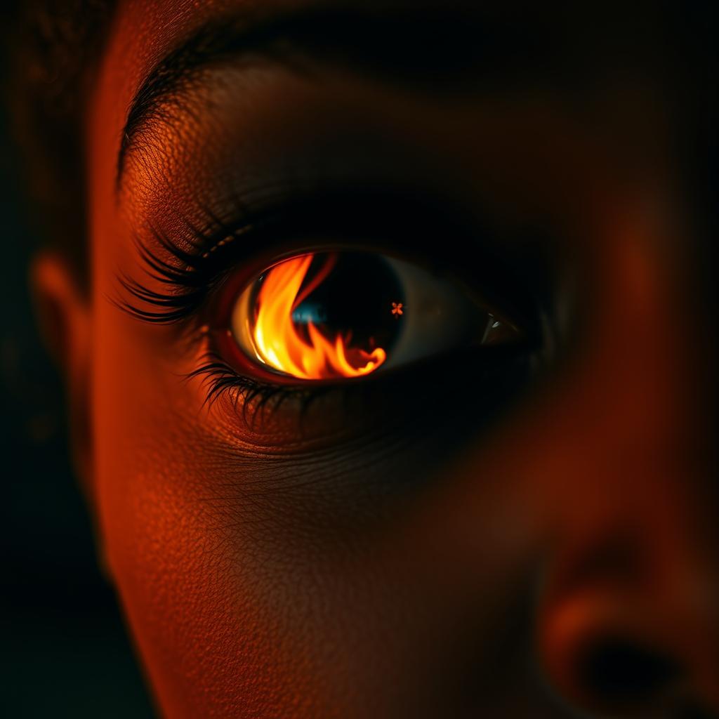 A close-up of a black woman's eye reflecting a dramatic house fire