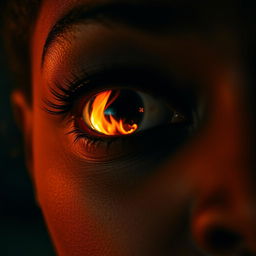 A close-up of a black woman's eye reflecting a dramatic house fire