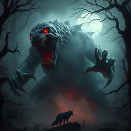 A terrifying, gigantic monster emerging from the dense fog in a dark forest