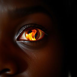 A close-up of a black woman's eye reflecting a dramatic house fire