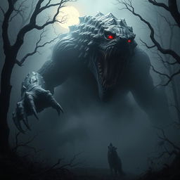 A terrifying, gigantic monster emerging from the dense fog in a dark forest