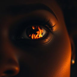 A close-up of a black woman's eye reflecting a dramatic house fire