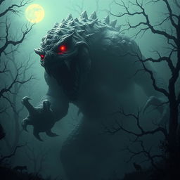 A terrifying, gigantic monster emerging from the dense fog in a dark forest