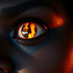 A close-up of a black woman's eye reflecting a dramatic house fire