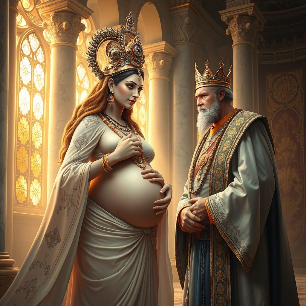 A serene and ethereal pregnant goddess Gangga, radiating divine grace, is shown having a poignant conversation with a sorrowful king