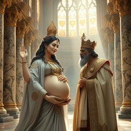 A serene and ethereal pregnant goddess Gangga, radiating divine grace, is shown having a poignant conversation with a sorrowful king