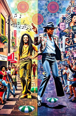 A collage artwork depicting the profound cultural impact of Bob Marley and Michael Jackson