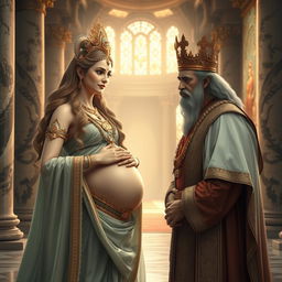 A serene and ethereal pregnant goddess Gangga, radiating divine grace, is shown having a poignant conversation with a sorrowful king