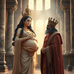 A serene and ethereal pregnant goddess Gangga, radiating divine grace, is shown having a poignant conversation with a sorrowful king