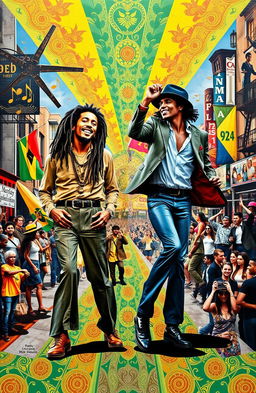 A collage artwork depicting the profound cultural impact of Bob Marley and Michael Jackson