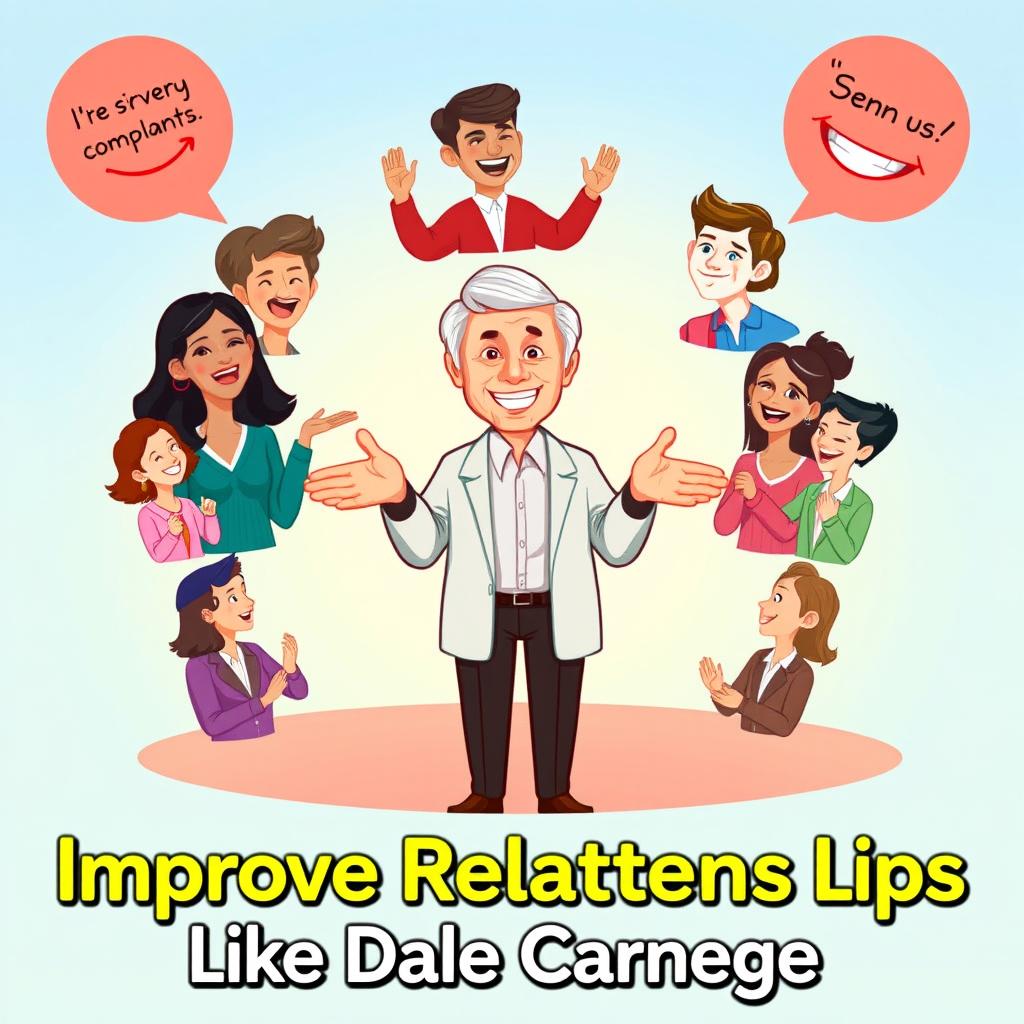 Create a vibrant YouTube thumbnail capturing the essence of Dale Carnegie's relationship-building techniques