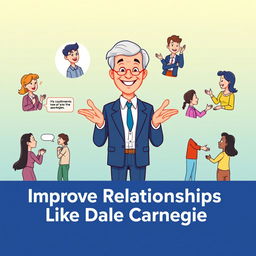 Create a vibrant YouTube thumbnail capturing the essence of Dale Carnegie's relationship-building techniques