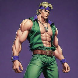 A vivid, full-body illustration of a confident Joseph Joestar, a character from JoJo's Bizarre Adventure. He has a muscular build and distinctive, stylized attire, giving him a unique, bold looks.