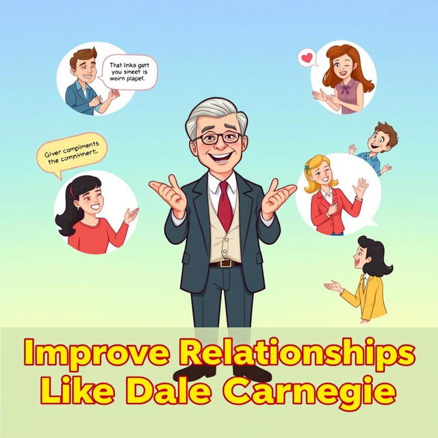 Create a vibrant YouTube thumbnail capturing the essence of Dale Carnegie's relationship-building techniques