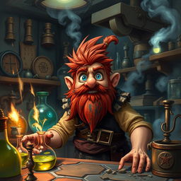 In a fantastical Dungeons & Dragons setting, a ruddy tan, red-haired male rock gnome artificer with captivating sapphire eyes finds himself covered in soot after accidentally causing an explosion while mixing chemicals in his alchemy laboratory