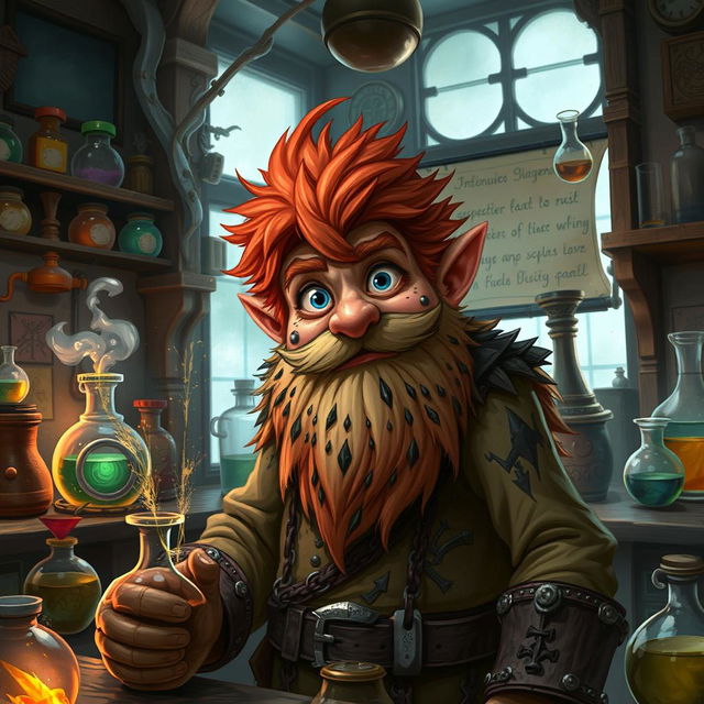 In a fantastical Dungeons & Dragons setting, a ruddy tan, red-haired male rock gnome artificer with captivating sapphire eyes finds himself covered in soot after accidentally causing an explosion while mixing chemicals in his alchemy laboratory