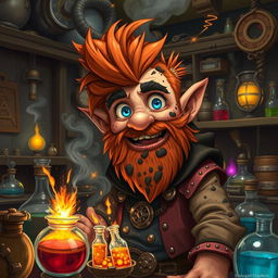 In a fantastical Dungeons & Dragons setting, a ruddy tan, red-haired male rock gnome artificer with captivating sapphire eyes finds himself covered in soot after accidentally causing an explosion while mixing chemicals in his alchemy laboratory