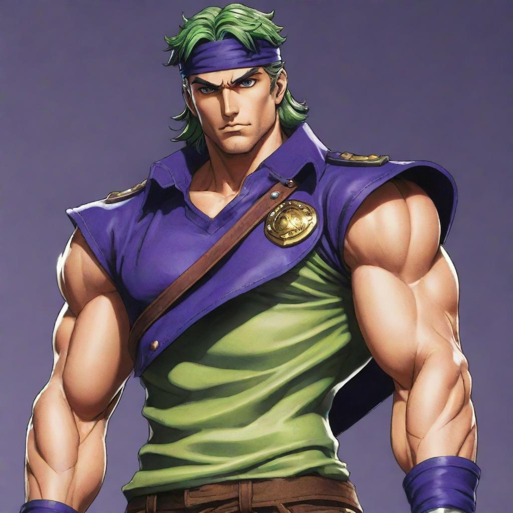 A vivid, full-body illustration of a confident Joseph Joestar, a character from JoJo's Bizarre Adventure. He has a muscular build and distinctive, stylized attire, giving him a unique, bold looks.